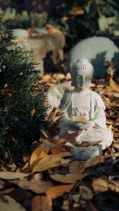 Lord Buddha statue surrounded by autumn leaves teaches us to practice meditation.