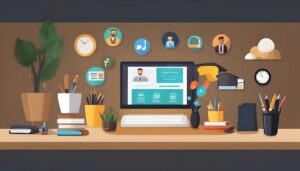 Colorful workspace with digital elements, specifying how to create your first freelance portfolio with no experience.